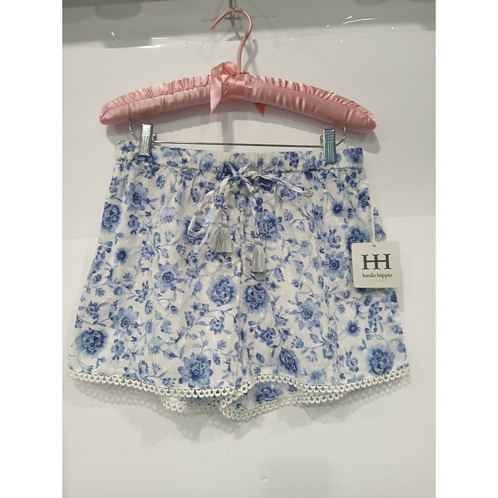 NEW Haute Hippie Style Blue Floral Cotton Sleep Shorts Swiss Dot Crochet Trim Sm